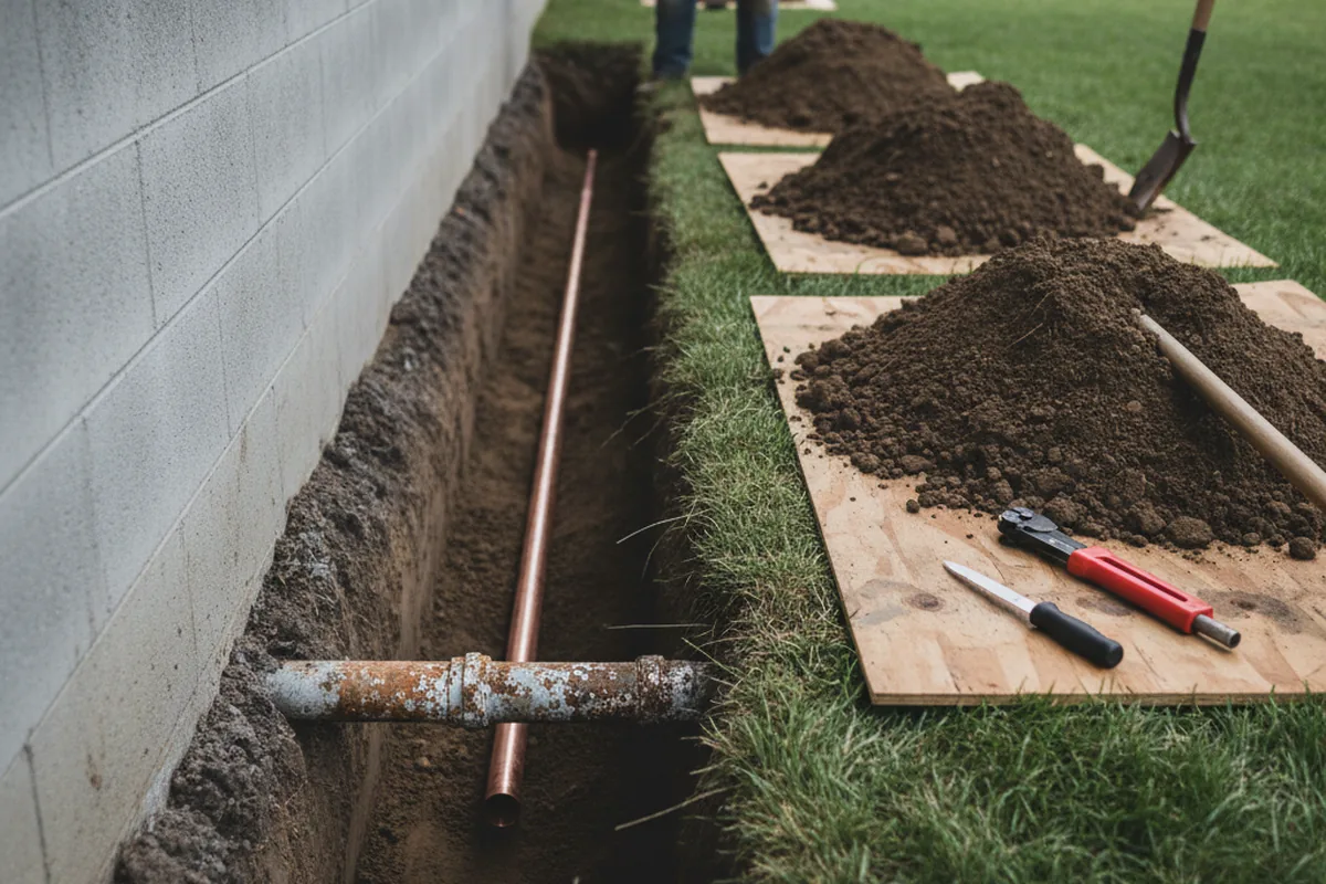 Excavated water line trench during Water Softener Installation in Voss